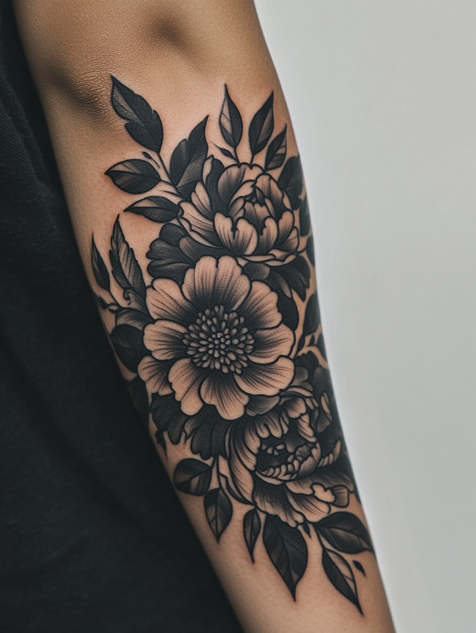 Blackwork Peony Upper Arm